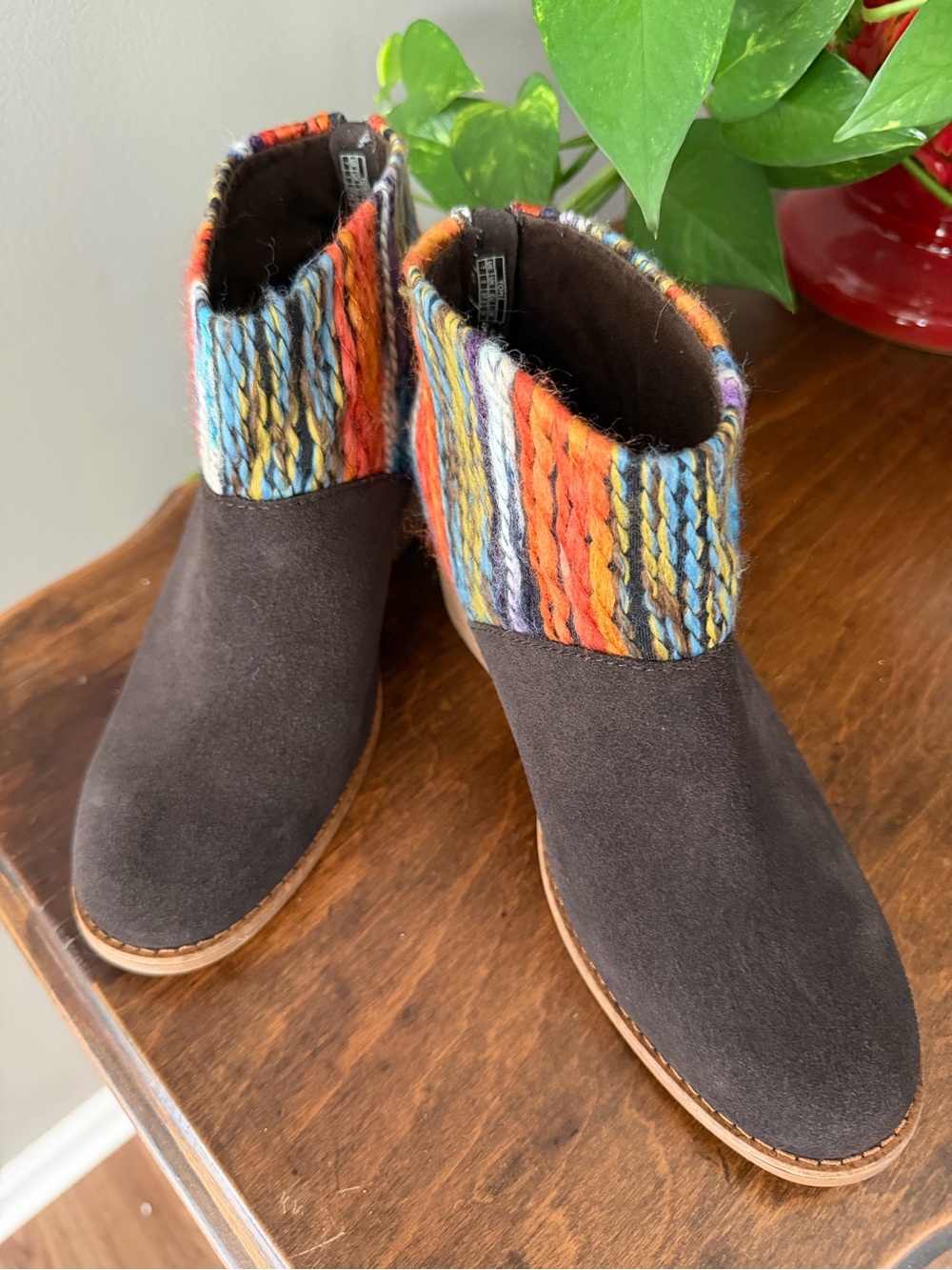 Toms Brown Suede Ankle Boots with Multicolor Knit Cuff